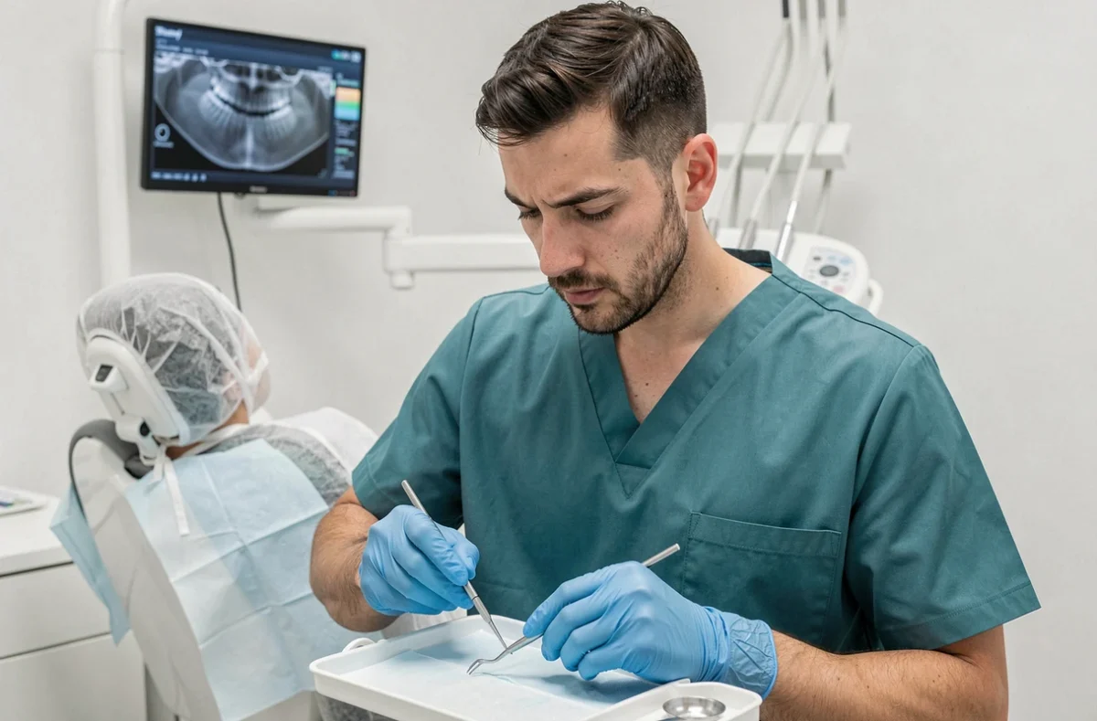 Dr Bouakline Walid, dentiste dans le Pas-de-Calais, préparant des instruments dentaires dans son cabinet