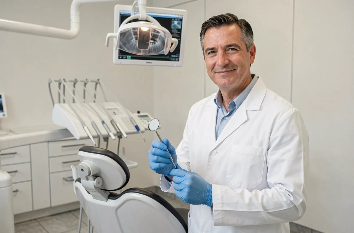 Dr Carl Denglos, dentiste dans le Pas-de-Calais, en tenue médicale dans son cabinet dentaire moderne