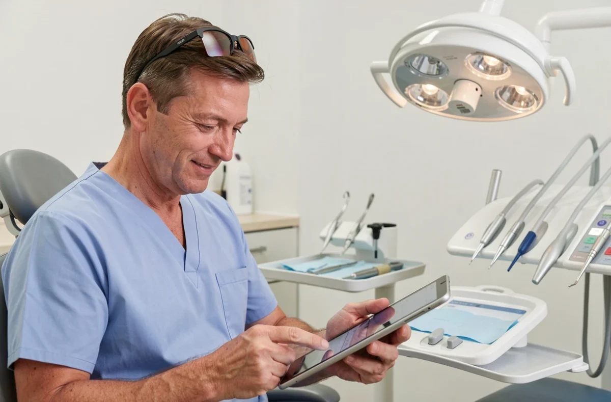 Dr Christophe Coutance, dentiste dans le Pas-de-Calais, consultant un dossier patient dans son cabinet