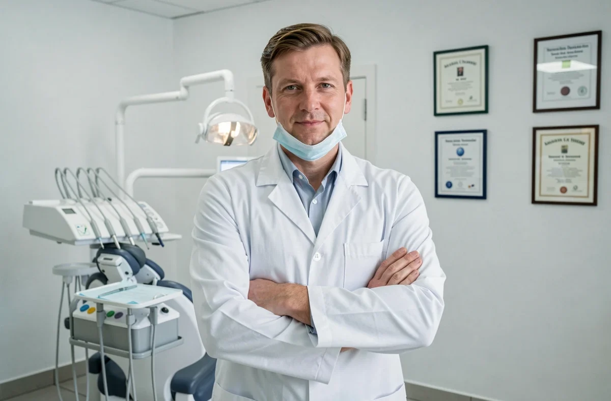 Dr Ludovic Denglos, dentiste dans le Pas-de-Calais, en blouse blanche dans son cabinet dentaire