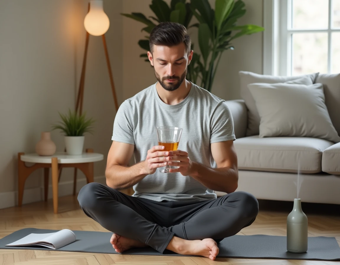 Homme assis sur un tapis de yoga tenant un verre d'eau minérale dans le cadre d'une routine bien-être pour soulager la constipation