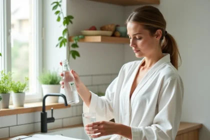Femme versant de l'eau minérale Saint-Antonin dans un verre dans une cuisine bien-être, intégration à la routine quotidienne contre la constipation