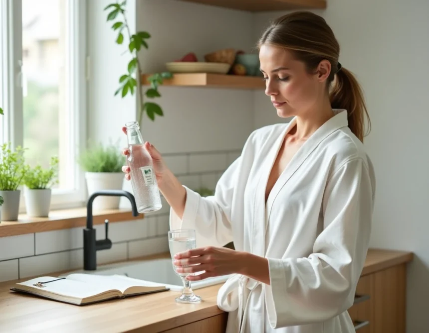 Femme versant de l'eau minérale Saint-Antonin dans un verre dans une cuisine bien-être, intégration à la routine quotidienne contre la constipation