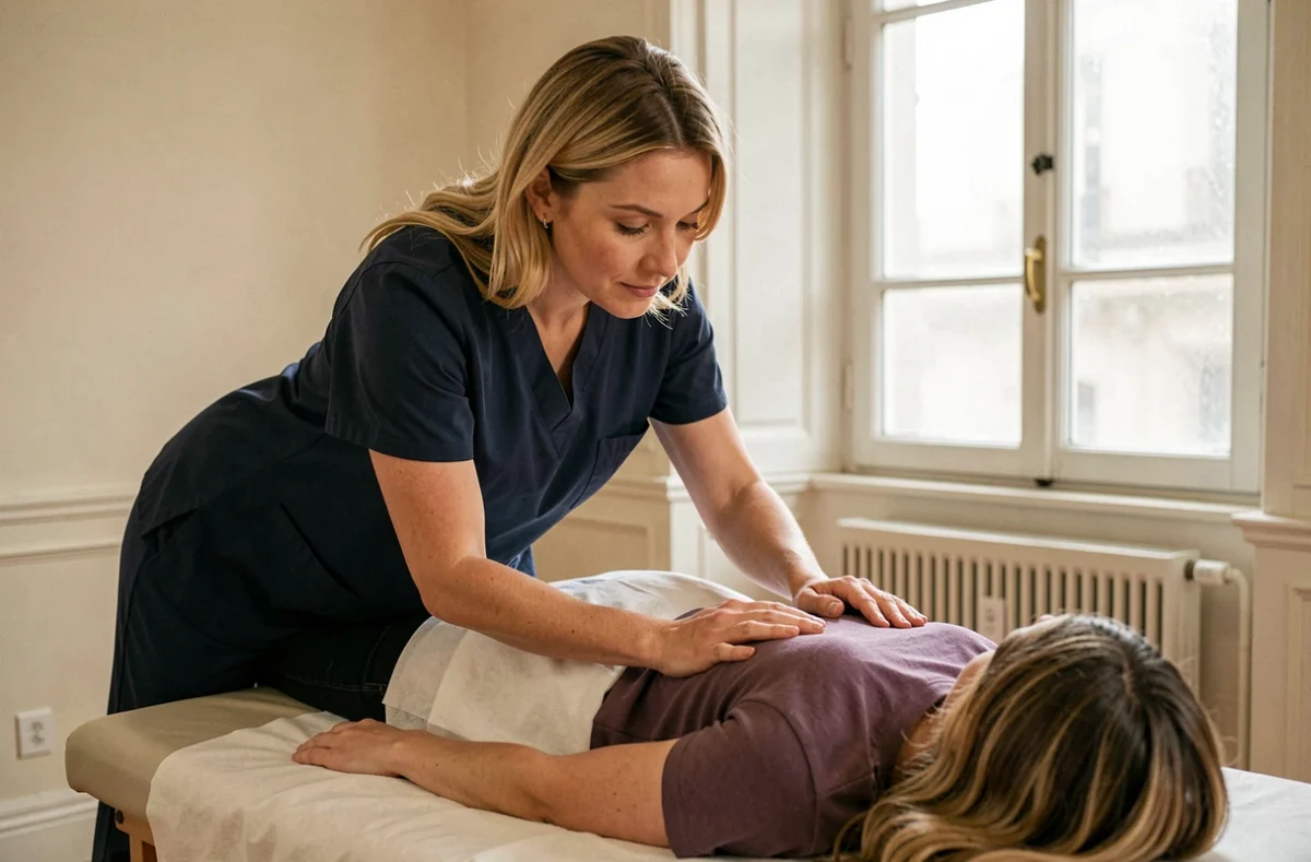 Elodie Da Rosa, kinésithérapeute à Versailles, pratiquant une thérapie manuelle sur le bas du dos d'un patient dans un cabinet élégant