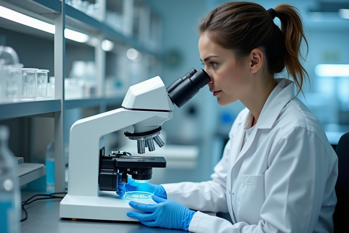 Embryologiste examinant un embryon au microscope
