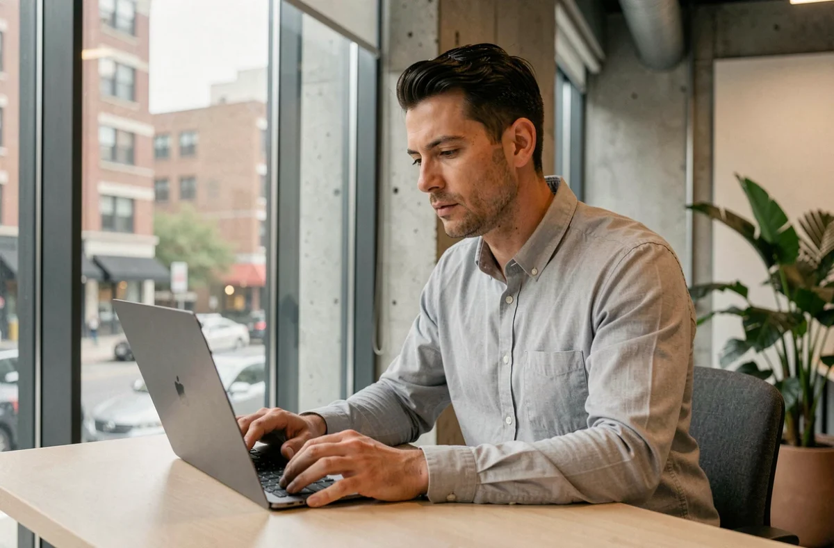 Employé homme prenant un moment de pause réflexive devant une fenêtre au bureau, illustrant la santé mentale au travail et le bien-être des salariés