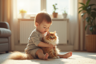 Jeune enfant tenant un chat dans un salon lumineux