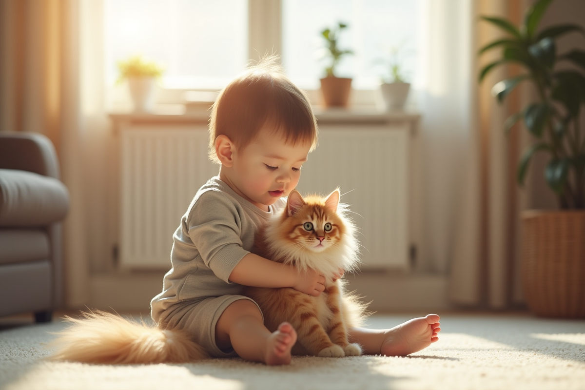 Jeune enfant tenant un chat dans un salon lumineux