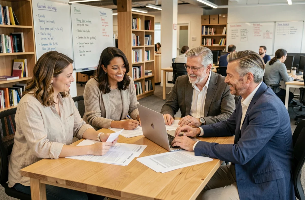 Équipe diverse et inclusive collaborant autour d'une table en entreprise, symbolisant un environnement de travail bienveillant et sans stigmatisation
