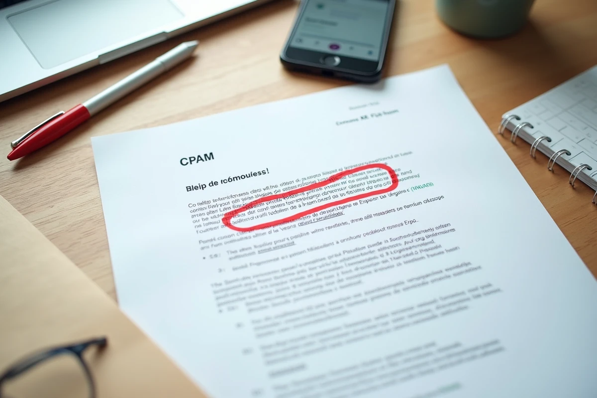 Erreur d'adresse CPAM Lyon découverte sur un courrier administratif avec enveloppe et stylo rouge