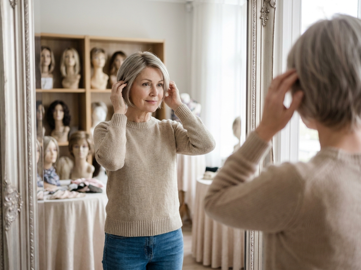 Femme essayant une perruque médicale courte dans une boutique spécialisée devant un miroir