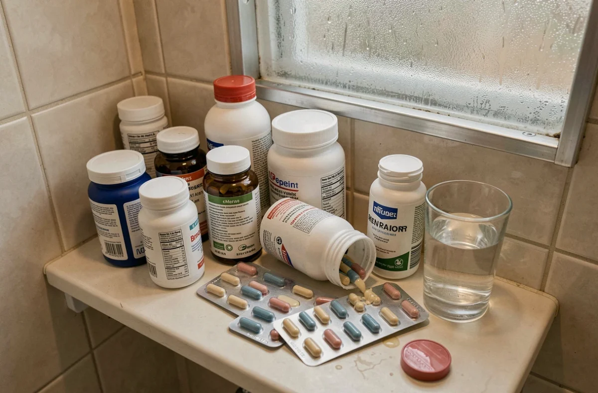 Étagère de salle de bain encombrée de compléments alimentaires hépatiques mal utilisés et mal rangés
