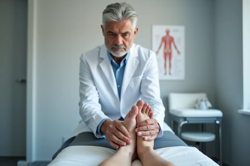 Médecin examinant la partie supérieure du pied d'un patient en cabinet médical lors d'un bilan de douleur