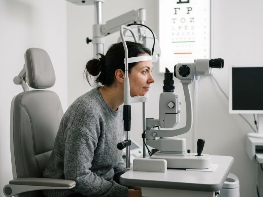 Femme passant un examen de la vue chez l'opticien, regardant dans une lampe à fente en salle d'examen optique