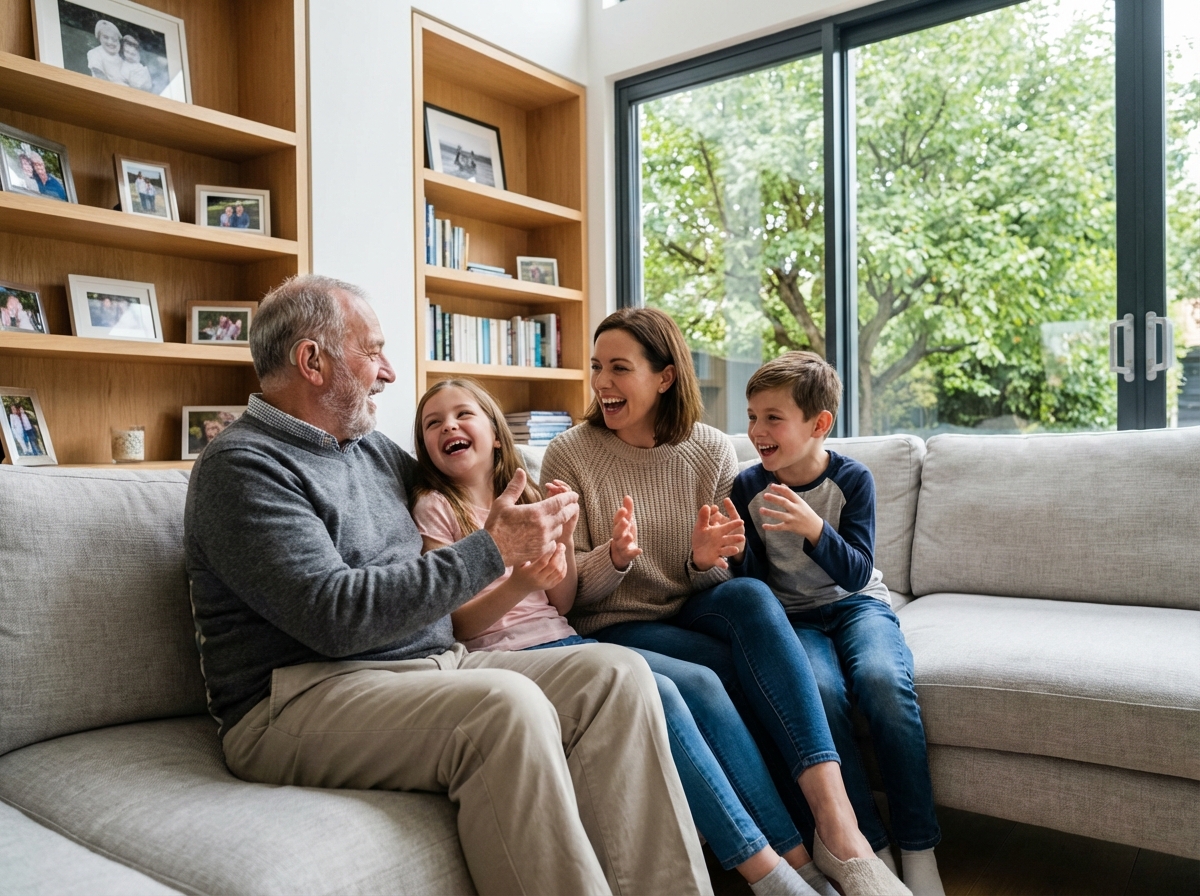 Famille multigeneration rieuse dans le salon