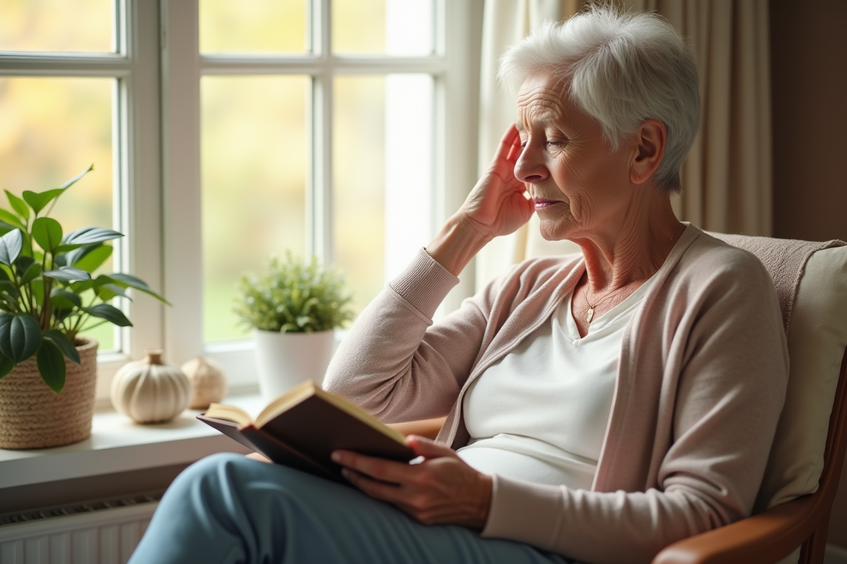 Femme agee lisant un livre apaisant près d'une fenetre