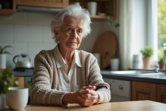 Femme âgée vérifiant son pouls dans la cuisine lumineuse