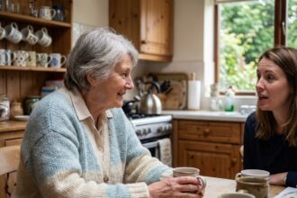Femme âgée souriante écoute sa fille dans la cuisine