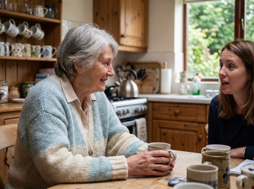 Femme âgée souriante écoute sa fille dans la cuisine