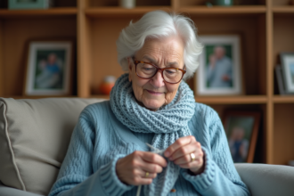 Femme âgée lisant et tricotant dans un salon chaleureux