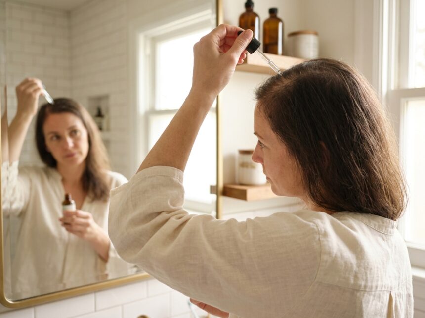 Femme appliquant un sérum capillaire sur son cuir chevelu devant un miroir de salle de bain