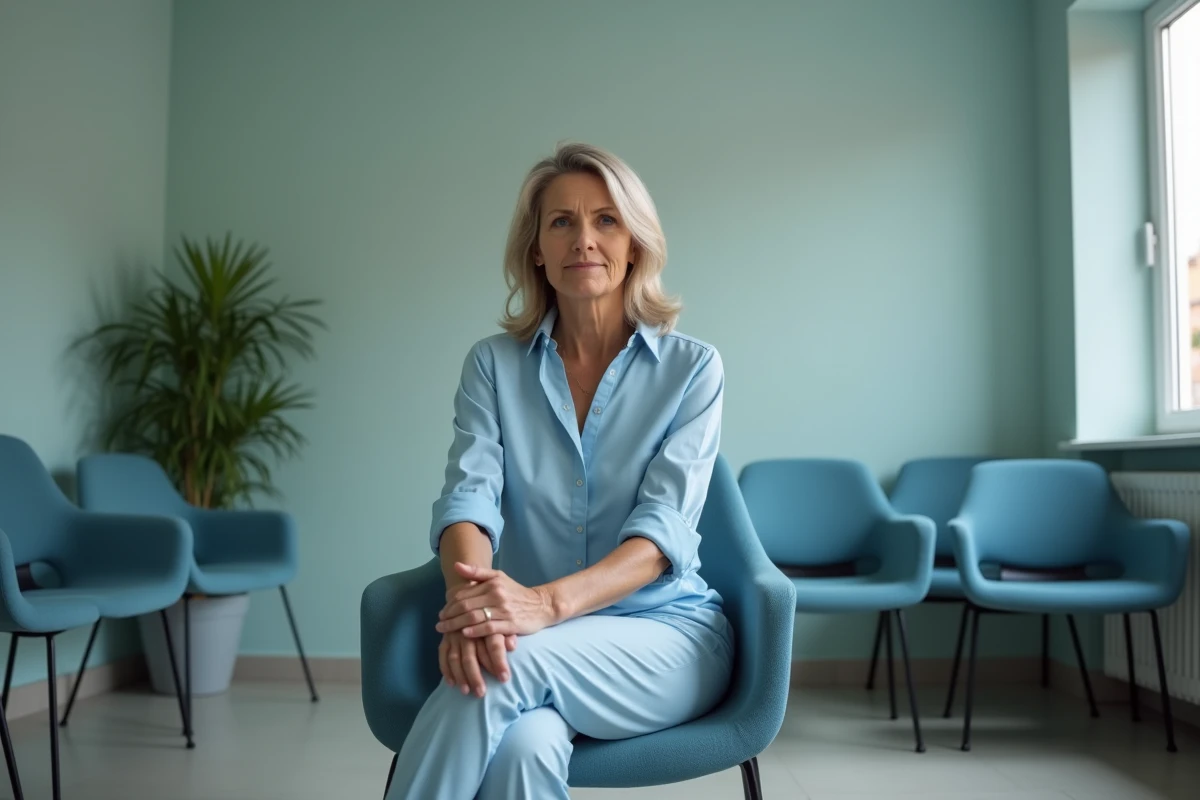 Femme pensive assise dans une salle d