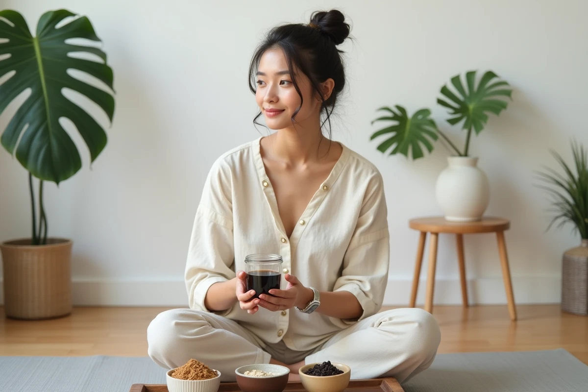 Femme pratiquant le bien-être ayurvédique tenant un verre de shilajit dissous dans un intérieur minimaliste