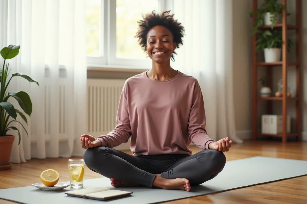 Femme sereine pratiquant la pleine conscience chez elle, bien-être et équilibre alimentaire sans régime avec Indiva