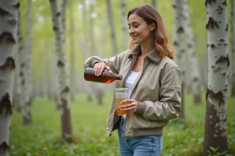 Femme verse du sirop de bouleau dans un verre en forêt