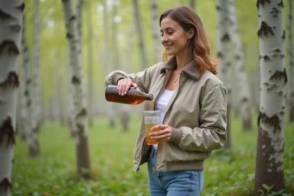 Femme verse du sirop de bouleau dans un verre en forêt
