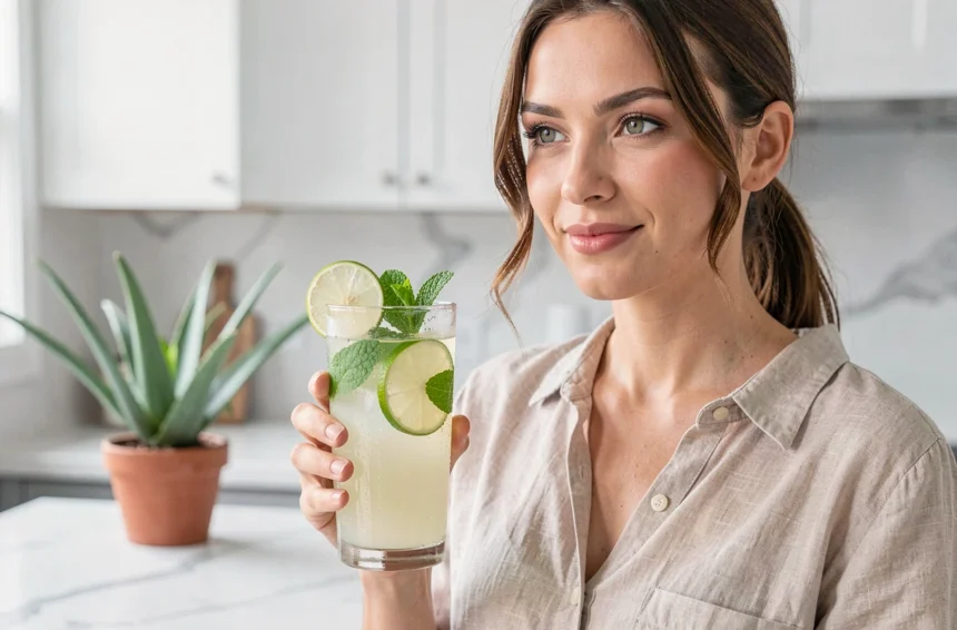 Femme tenant un verre de boisson à l'aloe vera dans une cuisine moderne avec une plante d'aloe en arrière-plan