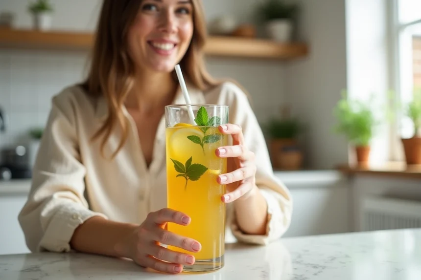 Femme dégustant une boisson Bonjour dans une cuisine moderne au style scandinave