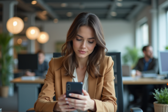 Femme au bureau préparant un message pour son absence