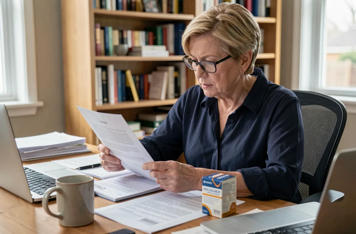 Femme mature analysant les effets d'un complément alimentaire à son bureau avec des notes de santé