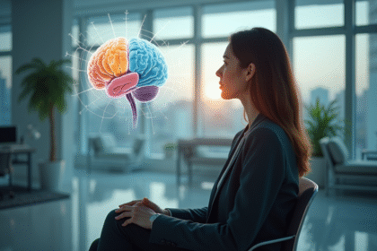 Femme pensante dans une clinique neurologique avec cerveau illustré