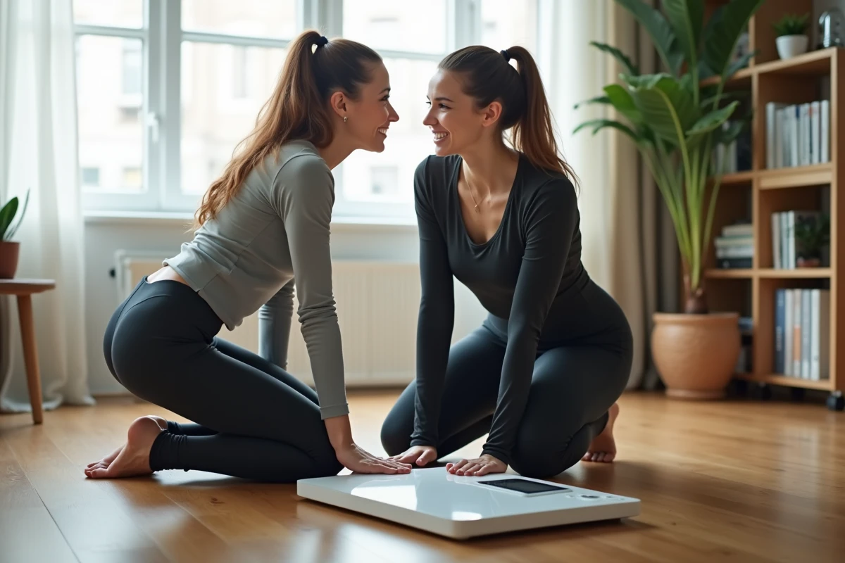 Jeune femme compare deux balances dans son salon