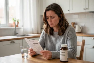 Femme inquiète examinant un complément alimentaire sans résultats visibles après plusieurs semaines de prise