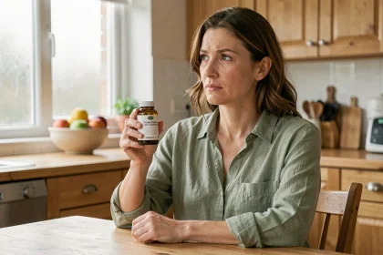 Femme évaluant un complément probiotique Floravia à table pour soulager les ballonnements