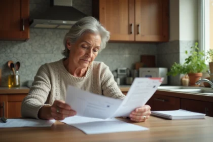 Femme concentrée vérifiant des papiers de santé à la maison