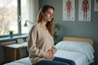 Femme tenant son abdomen lors d'une consultation médicale pour kystes aux ovaires