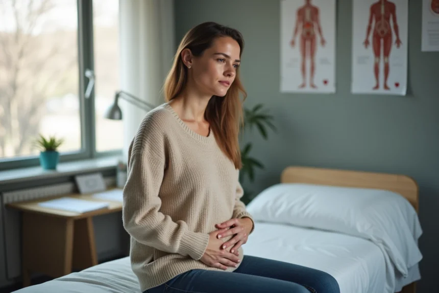 Femme tenant son abdomen lors d'une consultation médicale pour kystes aux ovaires