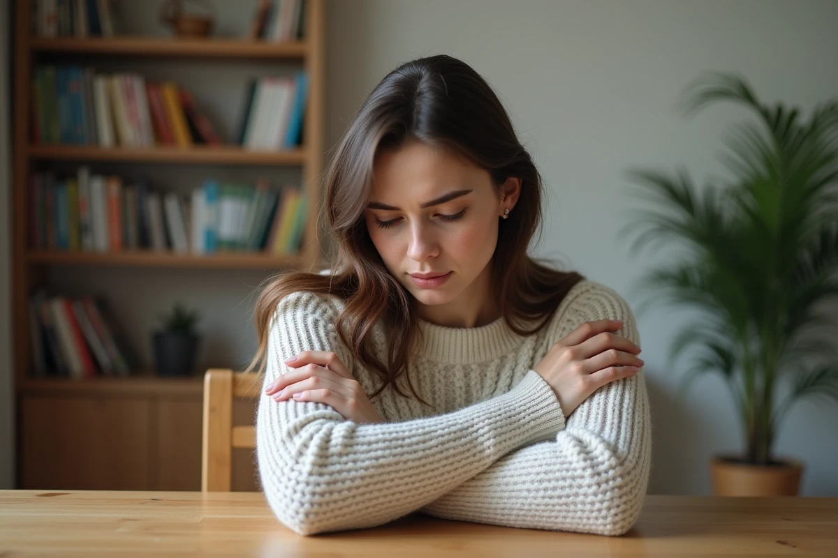 Femme assise à un bureau en intérieur cosy