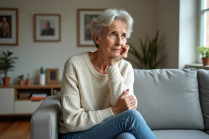 Femme d'âge moyen assise dans un salon moderne