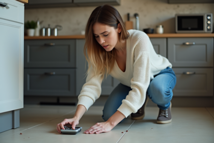 Femme examine une petite souris dans la cuisine