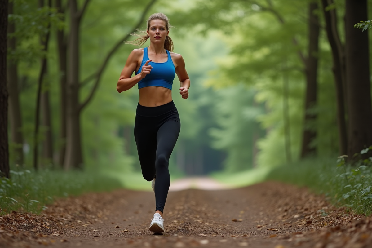 Femme en course dans la forêt pour article sur course à pied