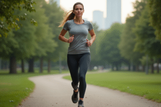 Femme courant dans un parc urbain verdoyant
