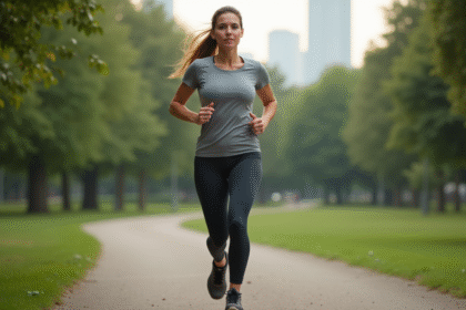 Femme courant dans un parc urbain verdoyant