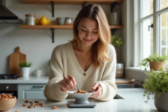 Femme pesant des amandes dans une cuisine moderne