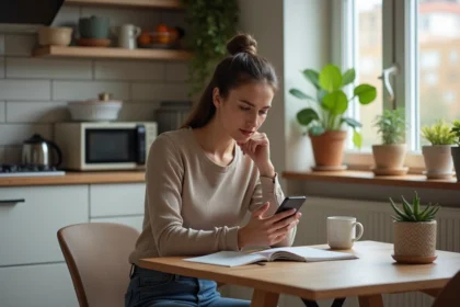 Femme assise à la cuisine pensant avec inquiétude