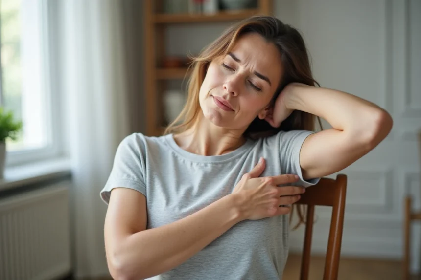 Femme tenant son aisselle droite avec une expression d'inconfort, assise dans un intérieur domestique calme, illustrant une douleur sous l'aisselle sans bosse